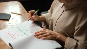 person reviewing a marked-up article draft on paper